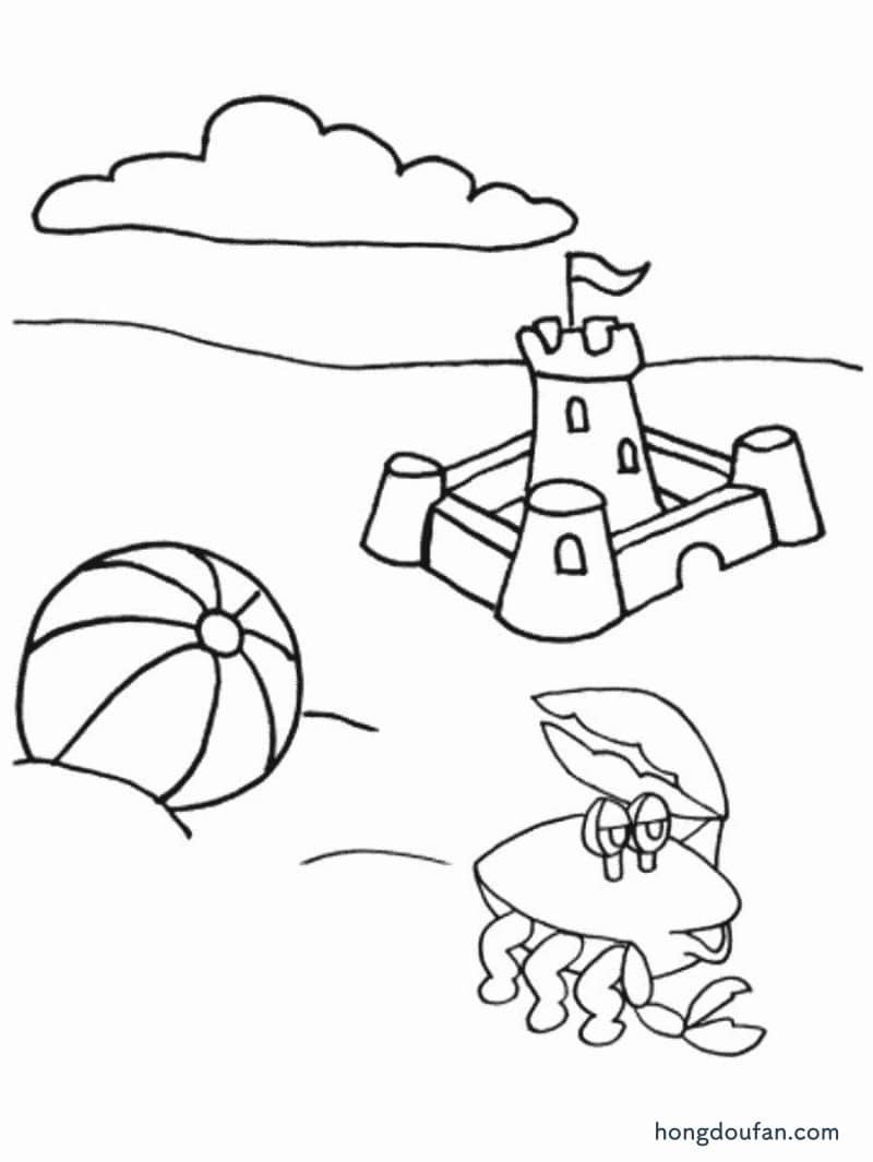 沙滩上的皮球螃蟹和沙子城堡!填色图片大全-红豆饭小学生简笔画大全