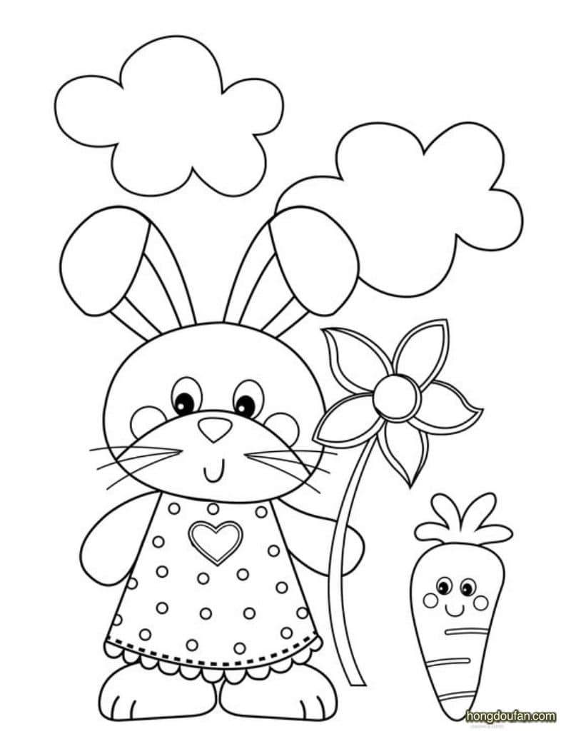 拿着花朵的卡通小兔子宝宝和胡萝卜填色图片大全-红豆饭小学生简笔画