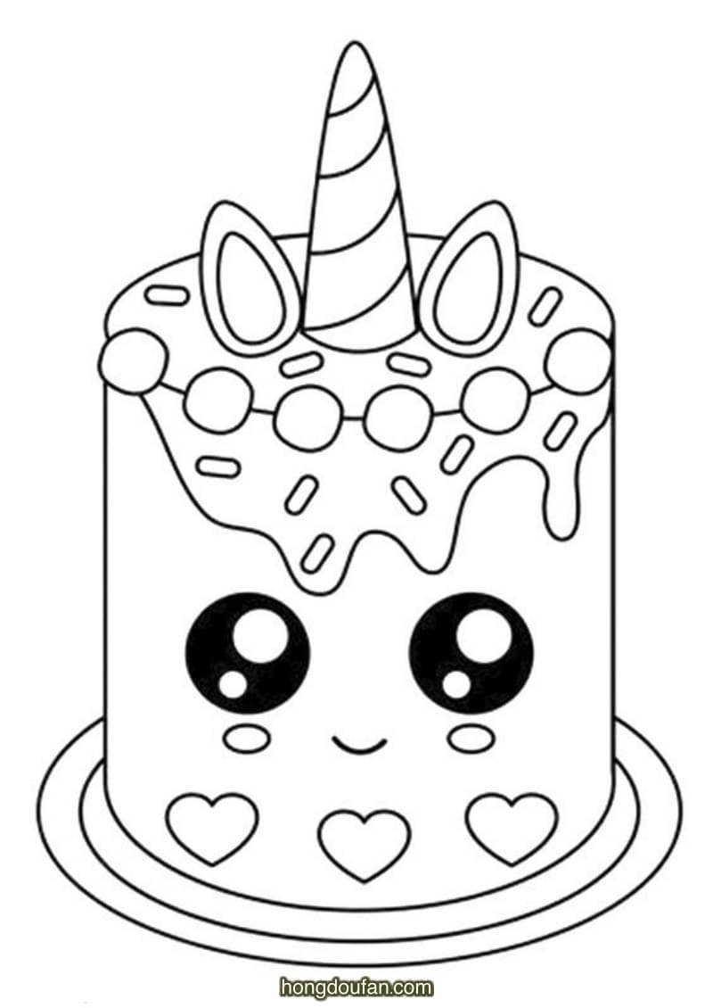 独角兽形状的爱心生日蛋糕幼儿涂色简笔画大全