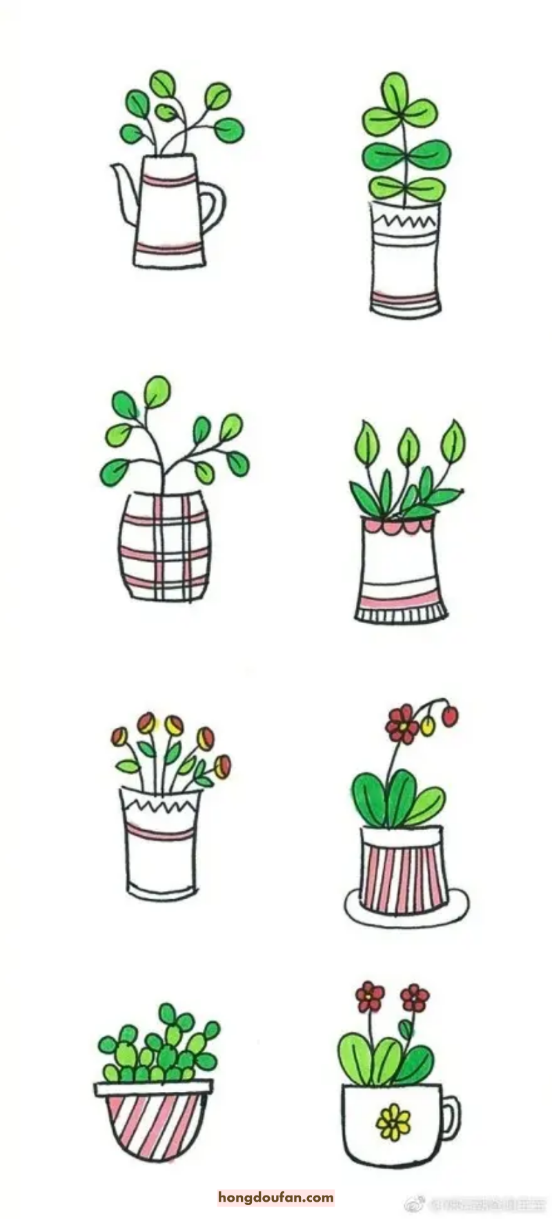 8种放在小花盆里的绿色小植物！手绘植物简笔画大全-红豆饭小学生简笔画大全